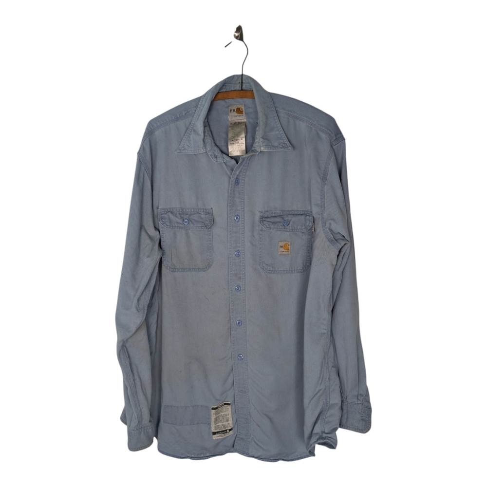 Carhartt Blue Fire Resistant Long Sleeve Button Down Shirt Size XL Worn Ripped
